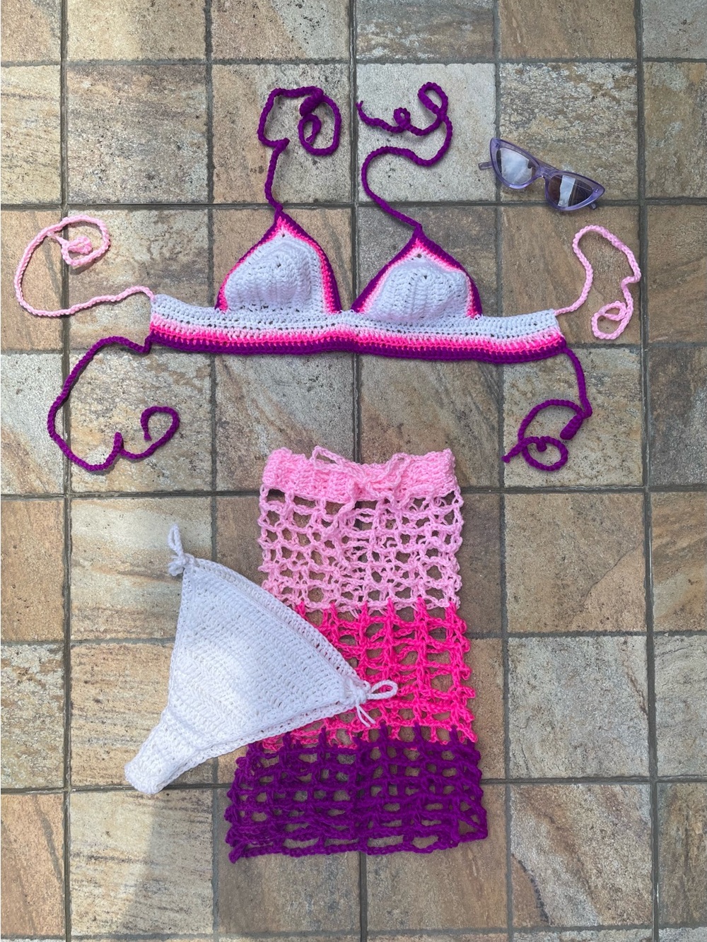 Handmade Crochet 3-Piece Bikini Set | White, Pink & Purple | Mesh Cover-Up Skirt